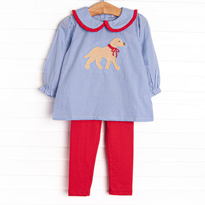 This set features a blue gingham top with a red ruffle peter pan collar, and a puppy applique. Coordinating red leggings to match.