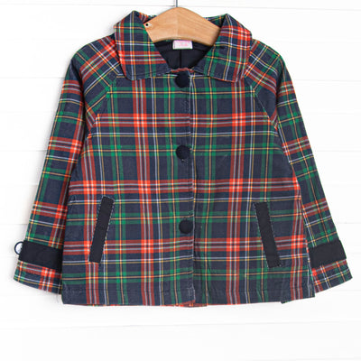  This coat features navy tartan plaid corduroy fabric, a polo collar, front covered navy buttons, and pockets. 
