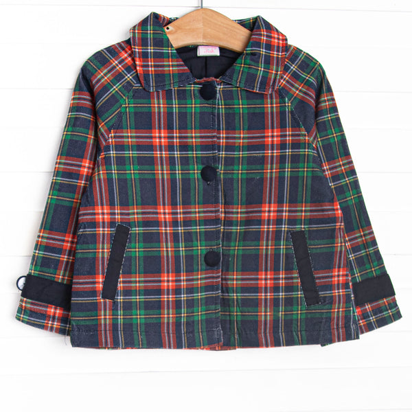  This coat features navy tartan plaid corduroy fabric, a polo collar, front covered navy buttons, and pockets. 