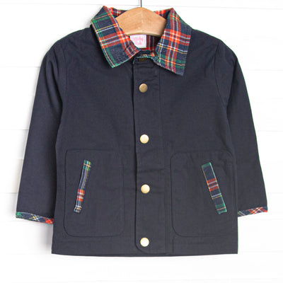 This coat features navy corduroy fabric, a plaid tartan polo collar, front brass snaps, plaid elbow patches, and pockets.