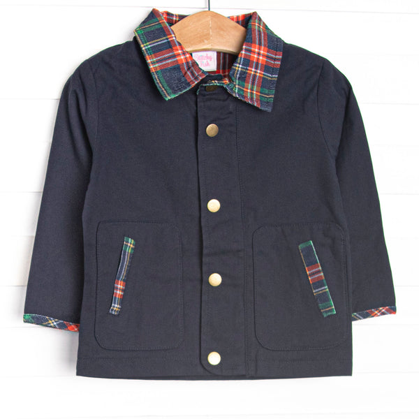 This coat features navy corduroy fabric, a plaid tartan polo collar, front brass snaps, plaid elbow patches, and pockets.
