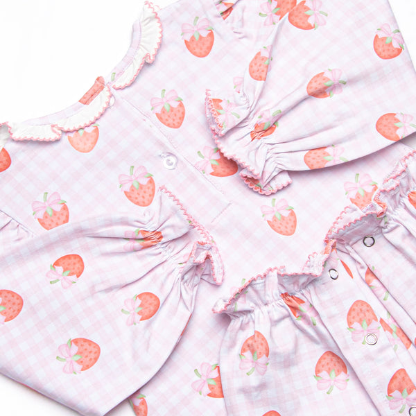 Berry Bows Ruffle Neck Romper, Pink