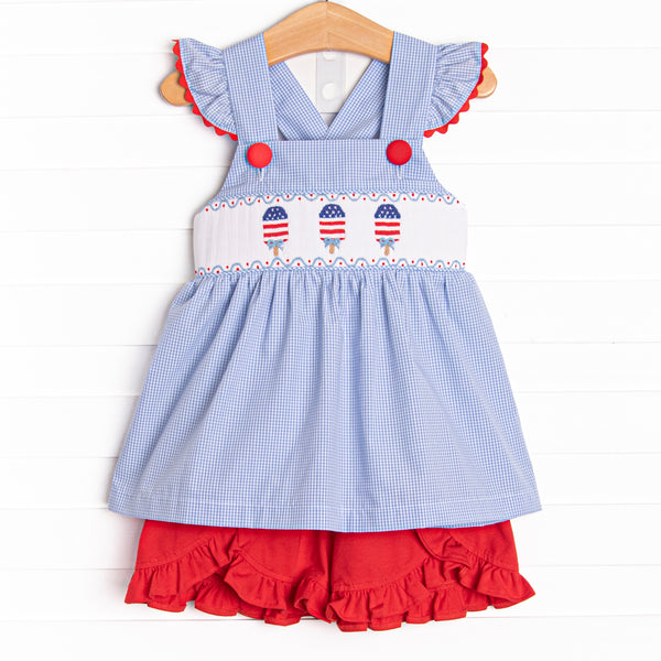 Patriotic Pops Smocked Ruffle Short Set, Blue