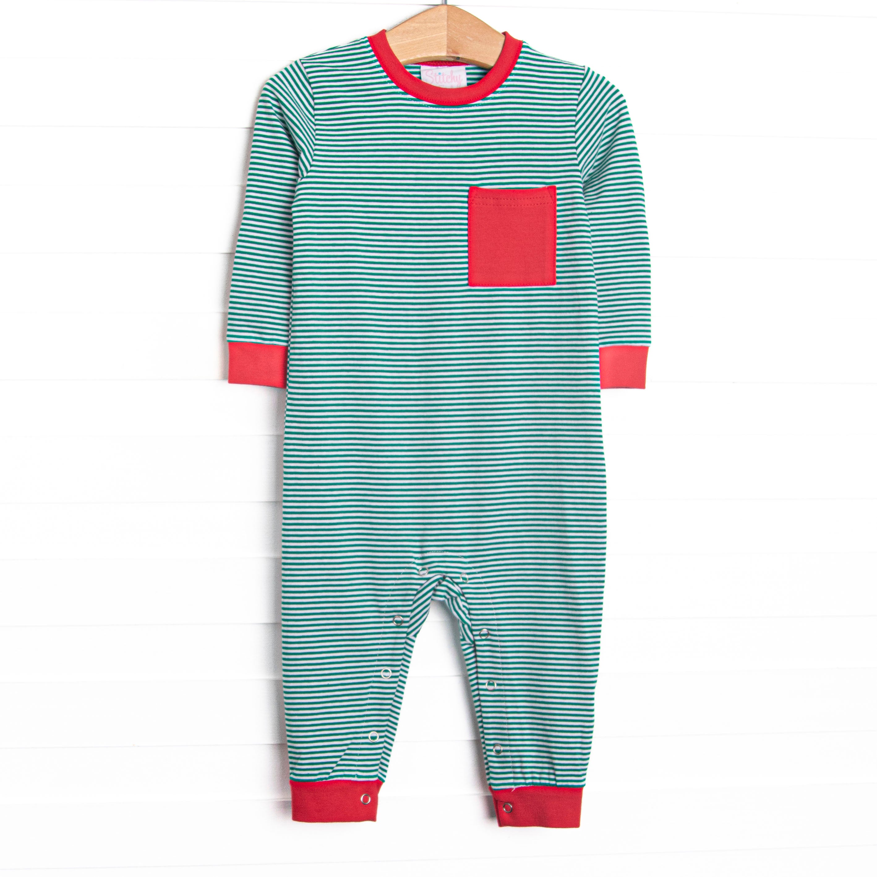 Luca Pocket Romper, Red and Green Stripe – Stitchy Fish