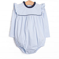 Featured here in light blue stripes, navy blue ruffle collar, and flutter details to make it even more adorable!  