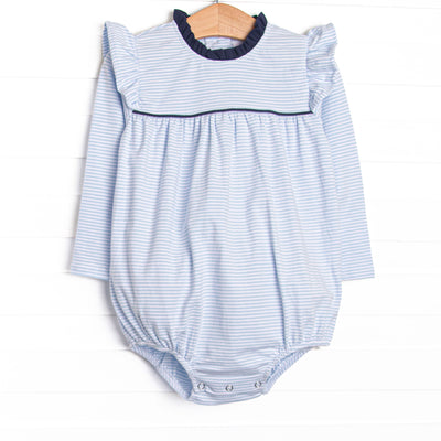 Featured here in light blue stripes, navy blue ruffle collar, and flutter details to make it even more adorable!  