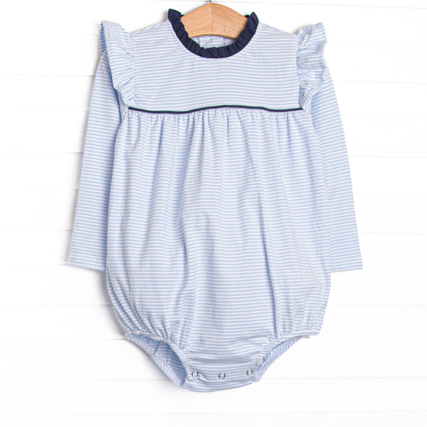  Featured here in light blue stripes, navy blue ruffle collar, and flutter details to make it even more adorable!  