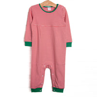  This precious romper features red stripes, a green trim, and the softest Pima cotton. 