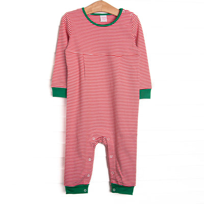  This precious romper features red stripes, a green trim, and the softest Pima cotton. 