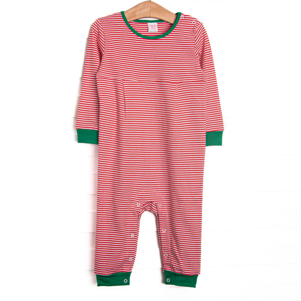 This precious romper features red stripes, a green trim, and the softest Pima cotton. 