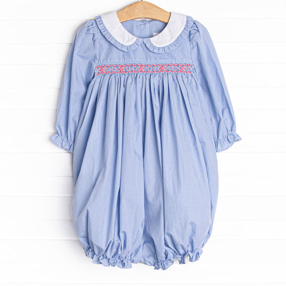 Gracie Gingham Smocked Romper, Blue