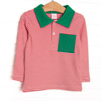 This precious shirt features red stripes, a green polo collar, and the softest Pima cotton.