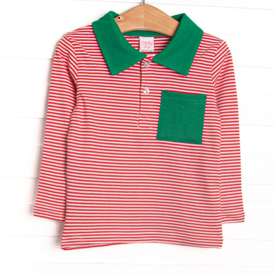 This precious shirt features red stripes, a green polo collar, and the softest Pima cotton.