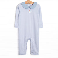  This precious romper features blue stripes, a Santa Claus embroidery, and the softest Pima cotton. 
