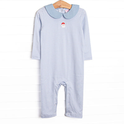  This precious romper features blue stripes, a Santa Claus embroidery, and the softest Pima cotton. 