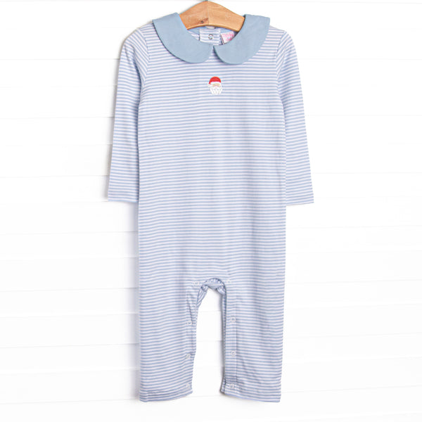  This precious romper features blue stripes, a Santa Claus embroidery, and the softest Pima cotton. 