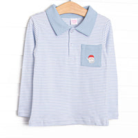  This precious shirt features blue stripes, a Santa Claus embroidery, and the softest Pima cotton. 