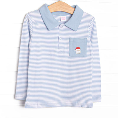  This precious shirt features blue stripes, a Santa Claus embroidery, and the softest Pima cotton. 