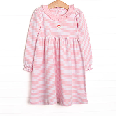  This precious dress features pink stripes, a Santa Claus embroidery, and the softest Pima cotton. 