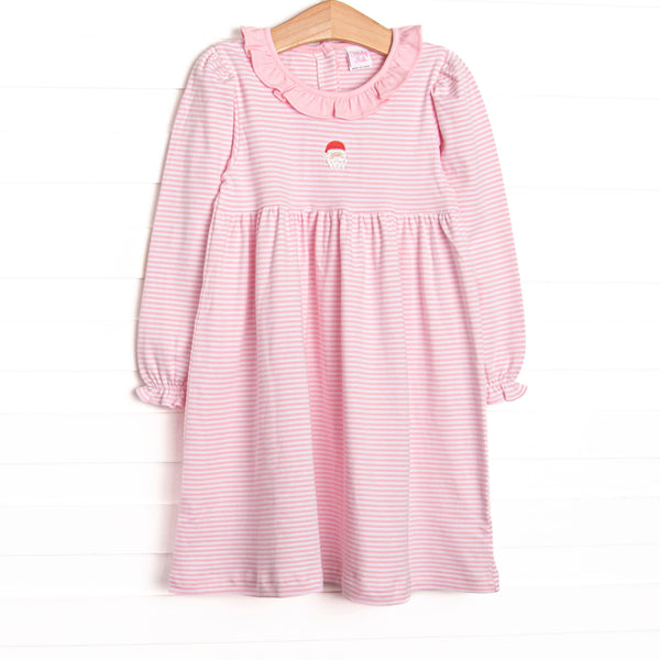  This precious dress features pink stripes, a Santa Claus embroidery, and the softest Pima cotton. 