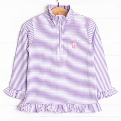  This pullover features purple stripes, ruffle trim, and a ballet slipper embroidery. 