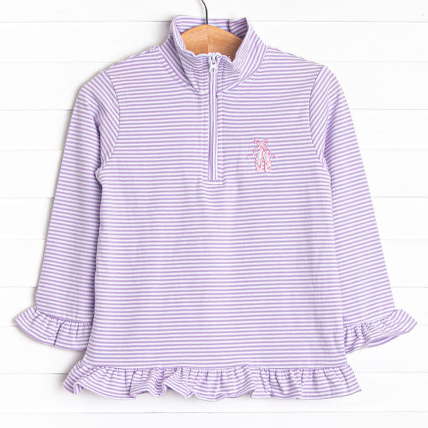  This pullover features purple stripes, ruffle trim, and a ballet slipper embroidery. 