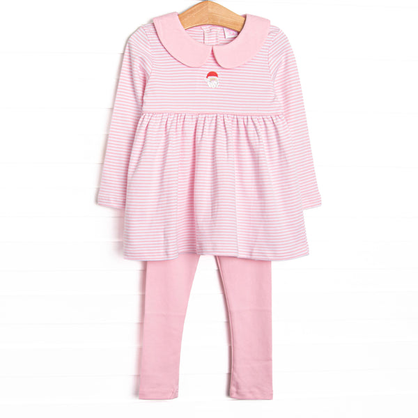 This precious set features pink stripes, a Santa Claus embroidery, and the softest Pima cotton.