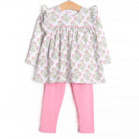 This set features a pink floral print, flutter details and a pink leggings to match.