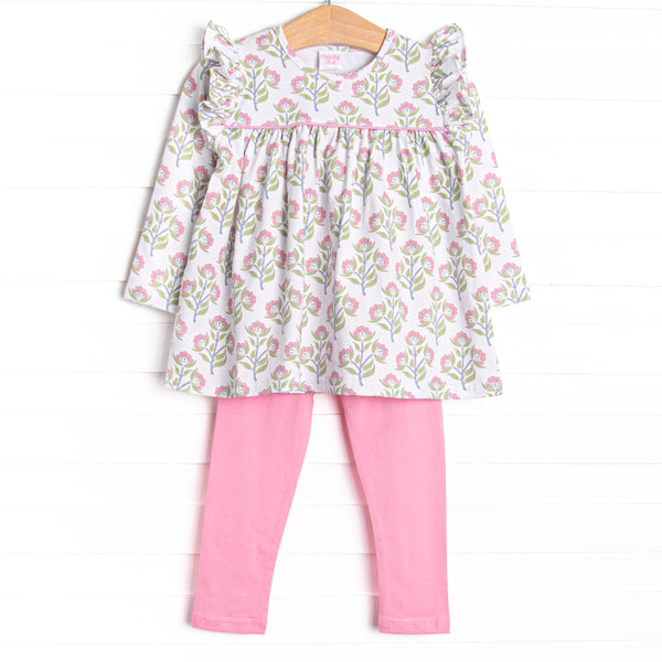 This set features a pink floral print, flutter details and a pink leggings to match.