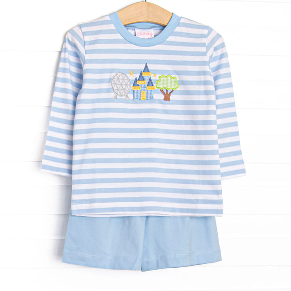This set features a blue striped top, amusement park applique, and blue shorts.