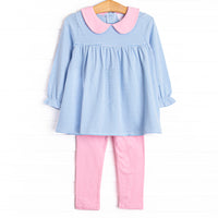  This set features a blue stripes, a pink peter pan collar, and matching pink leggings. 