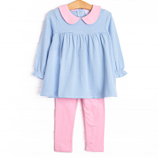  This set features a blue stripes, a pink peter pan collar, and matching pink leggings. 