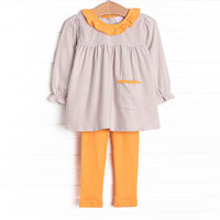 The set features soft knit material, sweet tan stripes, and coordinating orange leggings to match.