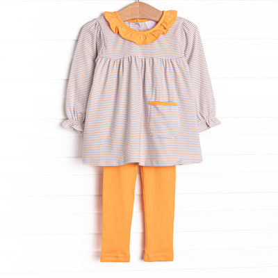 The set features soft knit material, sweet tan stripes, and coordinating orange leggings to match.