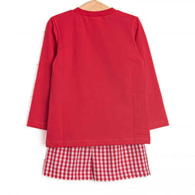 Merry Mouse Applique Long Sleeve Short Set, Red
