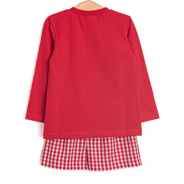 Merry Mouse Applique Long Sleeve Short Set, Red