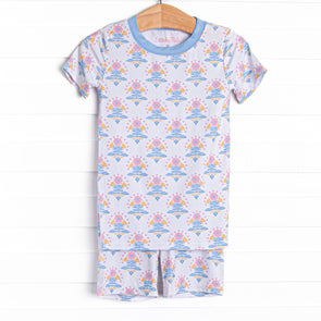 Magenta Medallions Bamboo Pajama Short Set, Blue