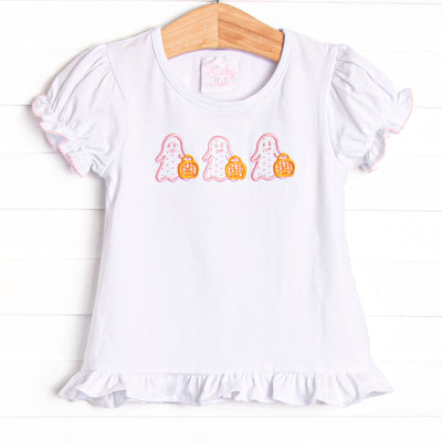Little Ghosts Applique Ruffle Top, White