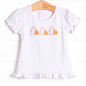 Little Ghosts Applique Ruffle Top, White