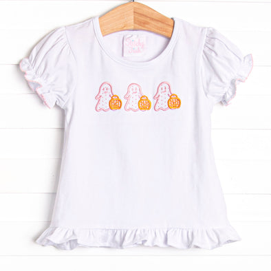 Little Ghosts Applique Ruffle Top, White