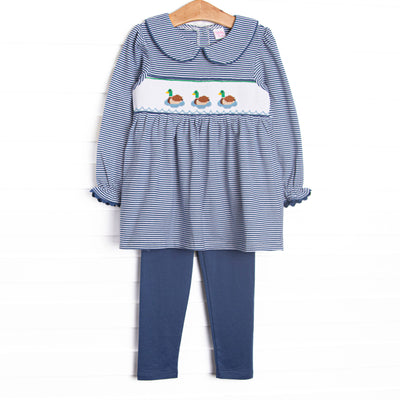 This set features navy striped fabric, duck smocking, and a navy striped Peter Pan collar. Coordinating navy leggings to match.
