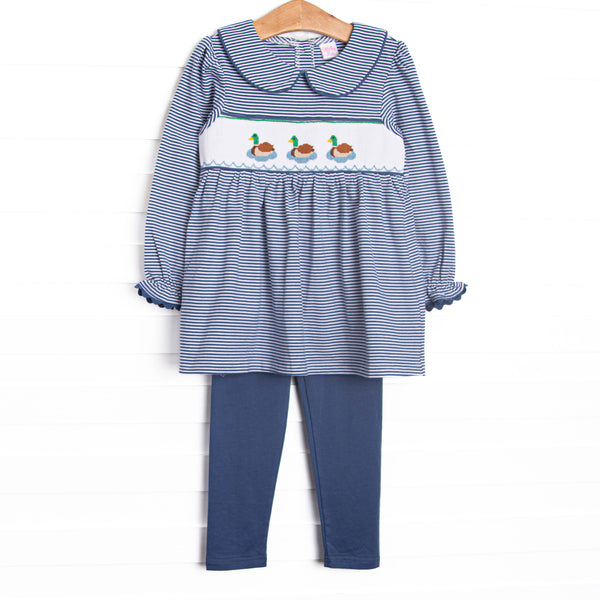 This set features navy striped fabric, duck smocking, and a navy striped Peter Pan collar. Coordinating navy leggings to match.