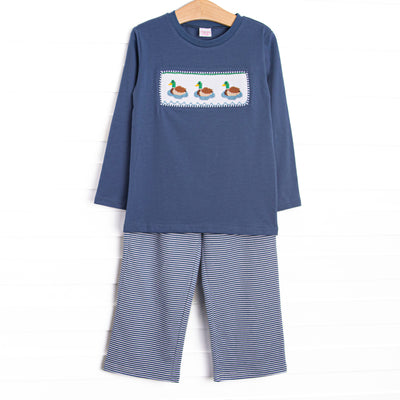 This set features navy fabric, duck smocking, and navy striped trim. Coordinating navy striped pants to match.