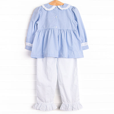 Show Dog Strut Smocked Ruffle Pant Set, Blue