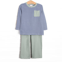  The set features soft knit material, a front pocket, and coordinating sage green pants. 