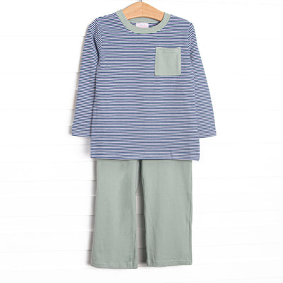  The set features soft knit material, a front pocket, and coordinating sage green pants. 