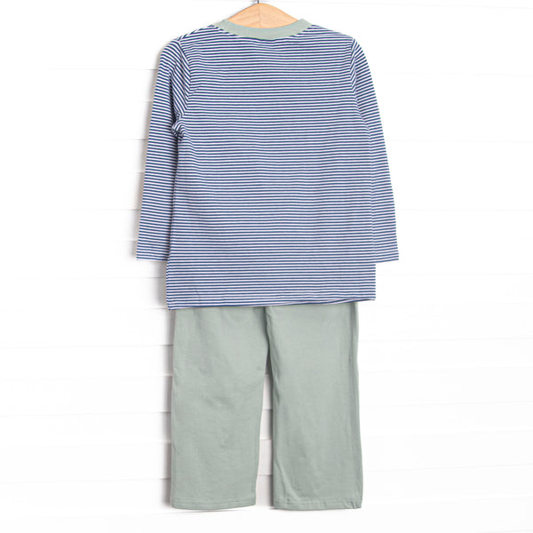 Evan Pant Set, Sage and Navy Stripe
