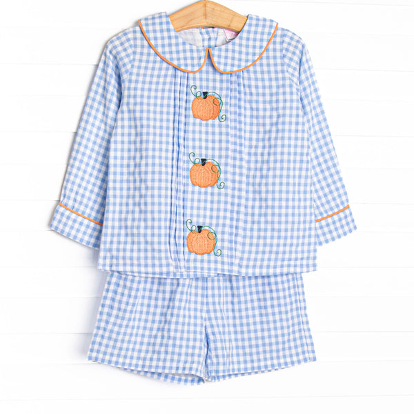 Autumn Days Embroidered Long Sleeve Short Set, Blue
