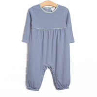 The Romper features long sleeves, snaps in the stride to make changing a breeze, and soft knit material.