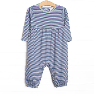 The Romper features long sleeves, snaps in the stride to make changing a breeze, and soft knit material.